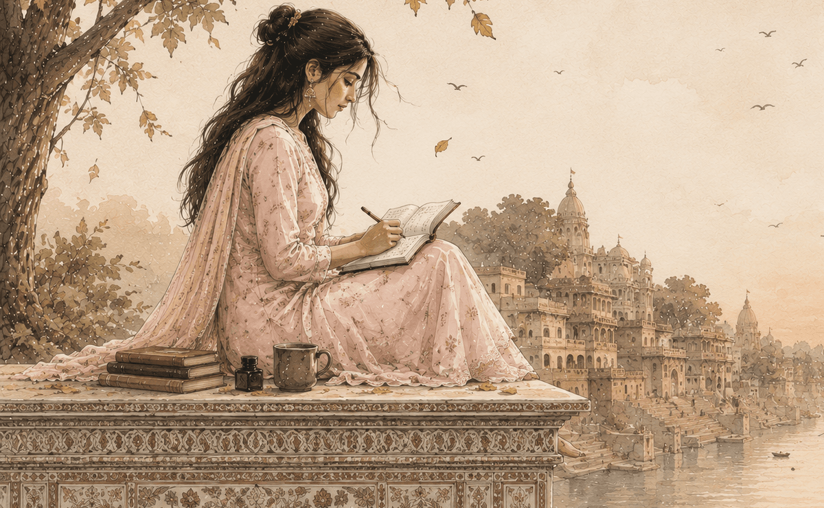 A traditional miniature-style illustration of a South Asian woman in pink traditional clothing, sitting under a leafy tree on an ornate platform and writing in a book. The background features a river with temple-like buildings and birds at sunset.