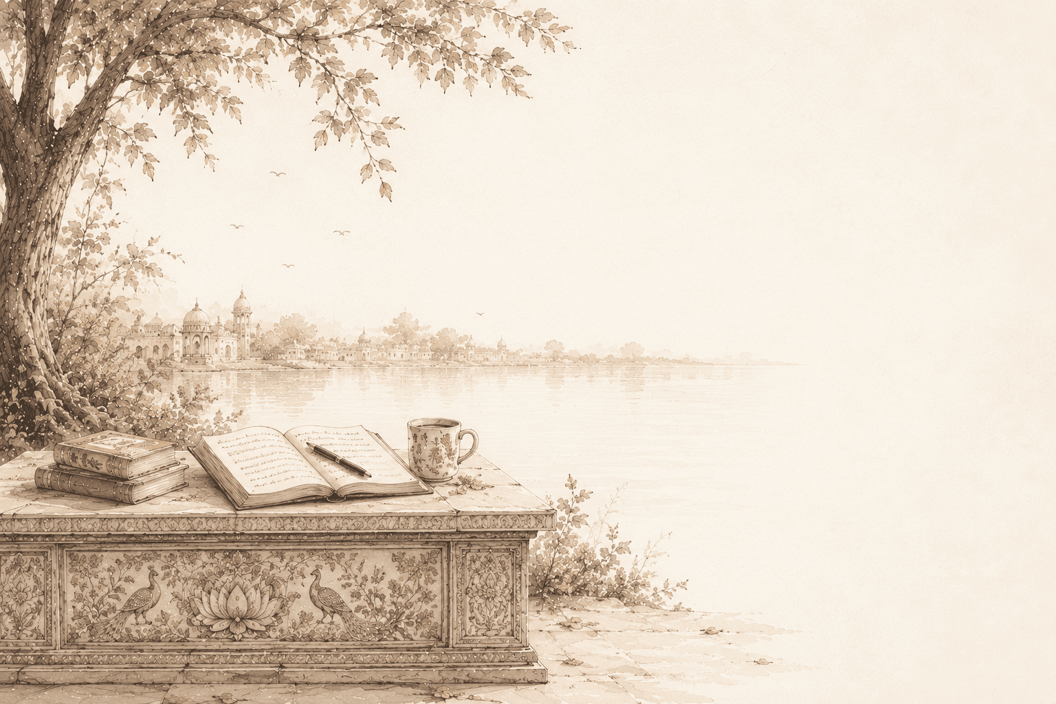 A traditional miniature-style illustration of a South Asian woman in pink traditional clothing, sitting under a leafy tree on an ornate platform and writing in a book. The background features a river with temple-like buildings and birds at sunset.