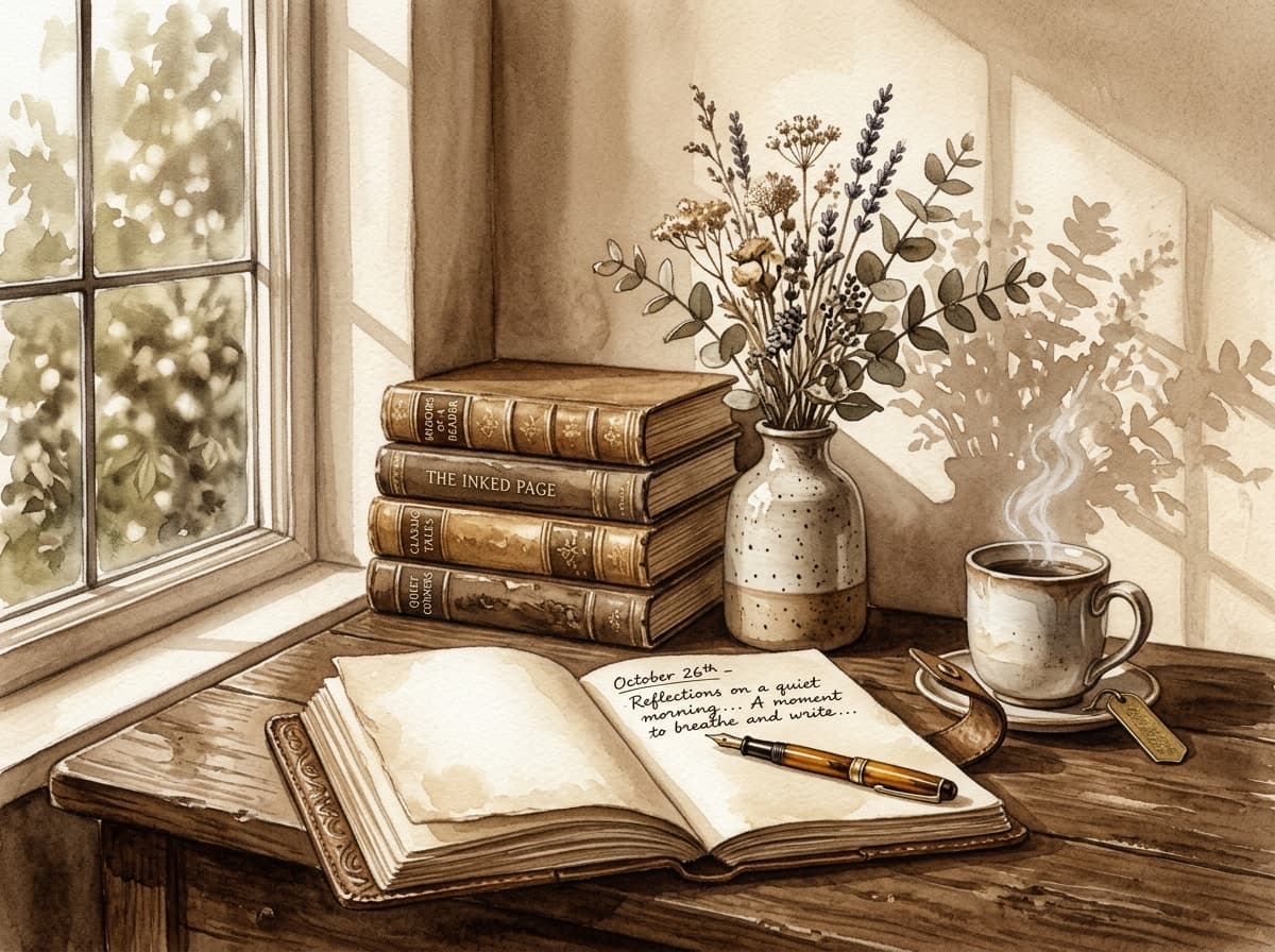Editorial sepia watercolor illustration of an open book, fountain pen, vase of dried flowers, and coffee cup under sunlit shadows