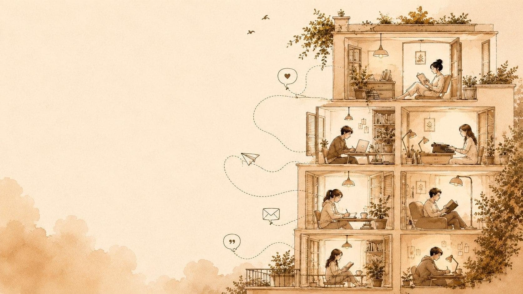Watercolor house illustrating writers and creators connecting