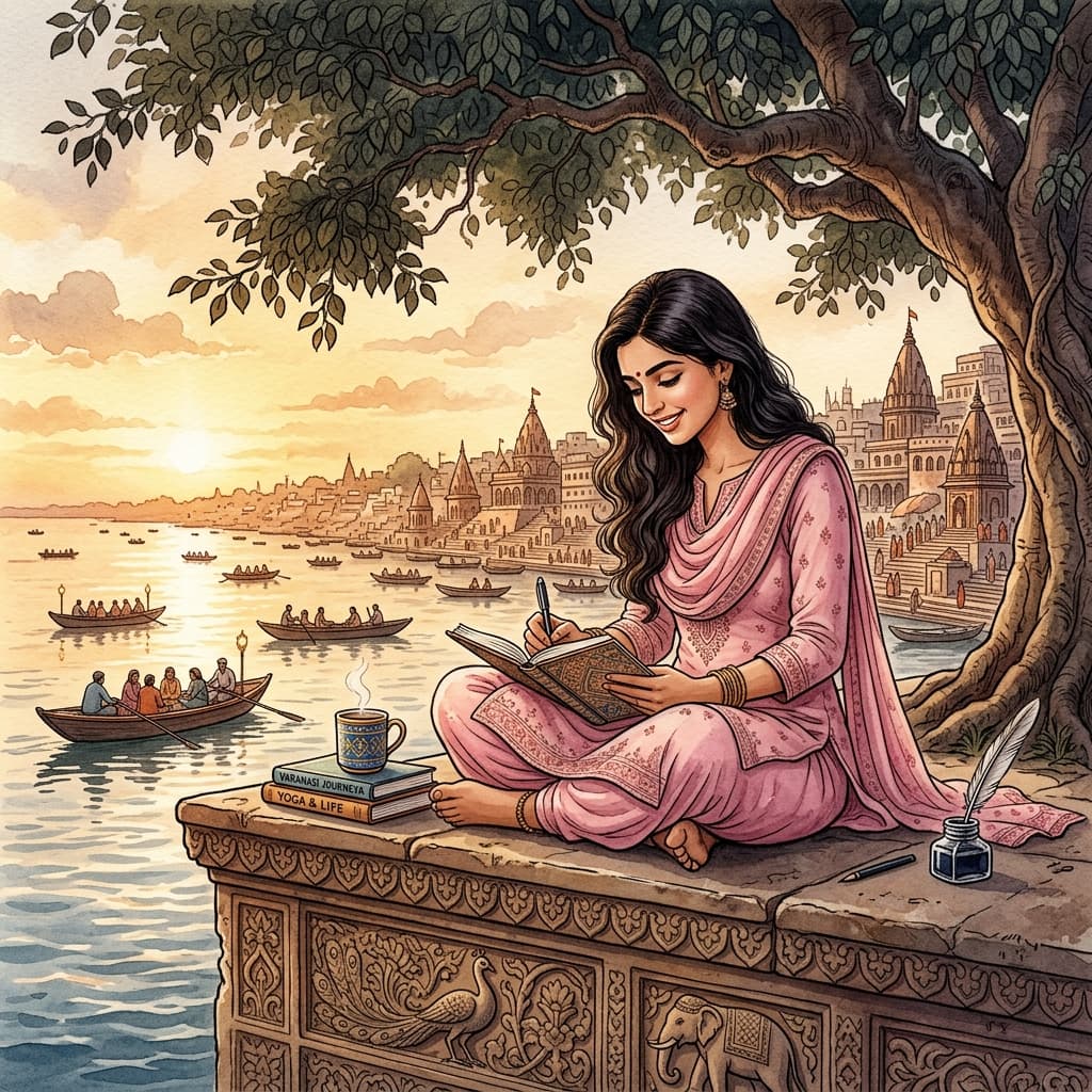 Woman writing on Varanasi ghats by the Ganges